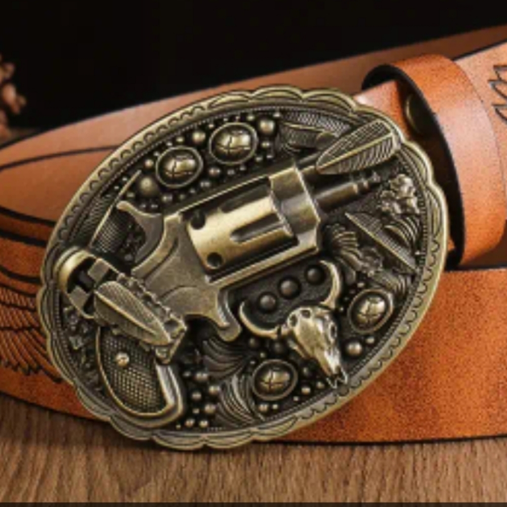 New Western faux revolver pistol theme feathers Longhorn bull belt buckle